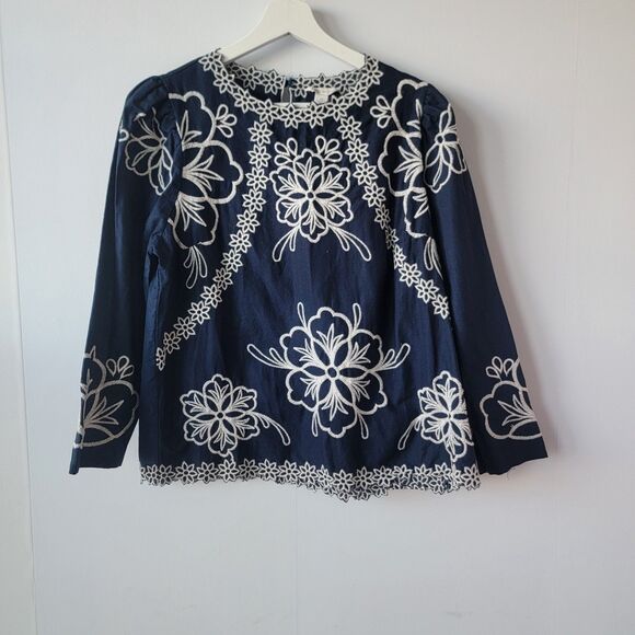 Cato Tops - Cato navy womens blue embroidered floral top sz M long-sleeve Peasant boho Fairy